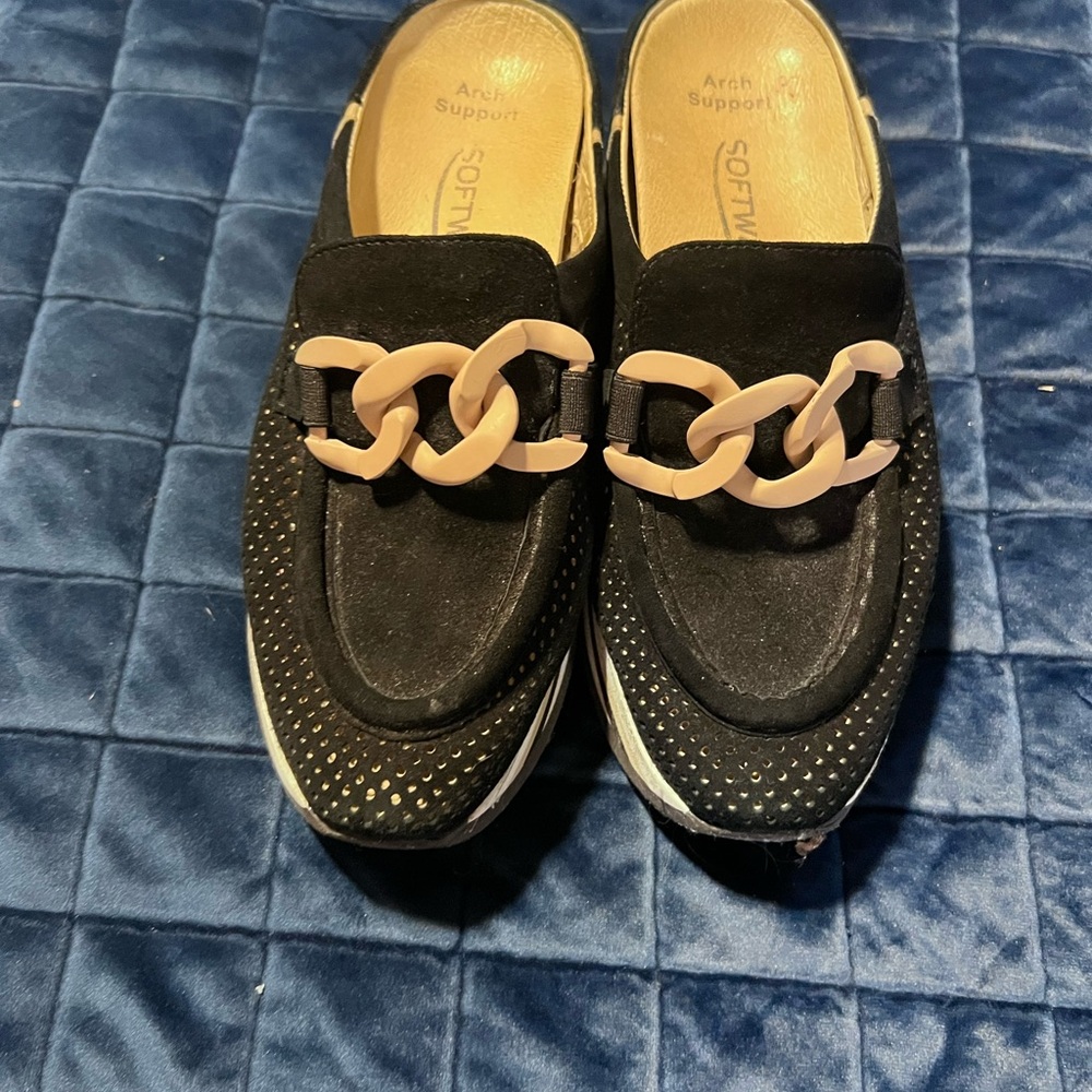 Suede Black and Tan Mules for Women